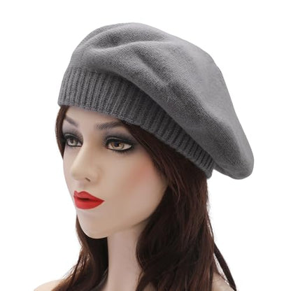 ZLYC Women French Beret Hat Reversible Solid Color Knit Warm Artist Cap - color: Cable Pattern Gray