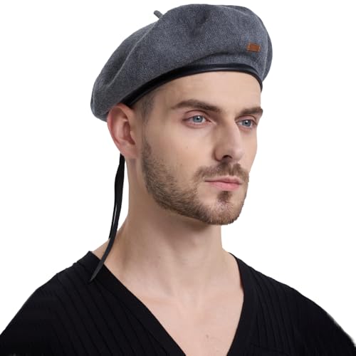 Cotton French Beret Hat for Men Women, Military Style Beret Cap with Leather Label & Drawstring, Casual Beanie - color: Grey