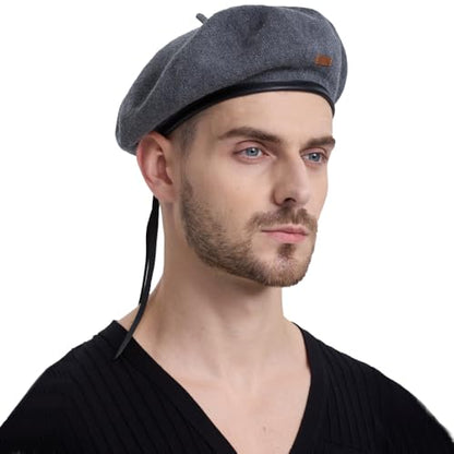 Cotton French Beret Hat for Men Women, Military Style Beret Cap with Leather Label & Drawstring, Casual Beanie - color: Grey