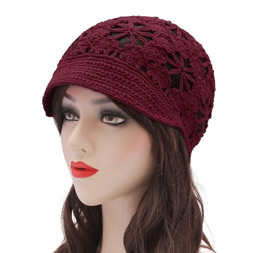 ZLYC Women Summer Slouchy Crochet Hat Handmade Cutout Skull Cap with Visor - color: Plain Burgundy, size: One Size