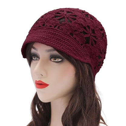 ZLYC Women Summer Slouchy Crochet Hat Handmade Cutout Skull Cap with Visor - color: Plain Burgundy, size: One Size