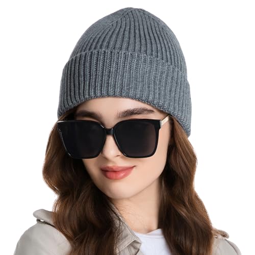 vidsel 50% Wool Thick Beanie Hat Men Women, Seamless Cuffed Knit Cap, Gray