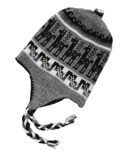 Alpaca Wool Blend Winter Hat Chullo Inca Peruvian Design Reversible with Earflaps. Beanie Medium Size. Unisex - color: Light Gray/Rat Gray