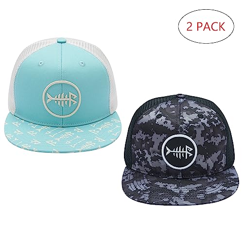 BASSDASH 2 Pack Flat Brim Trucker Cap Adjustable Snapback Hat Mesh Back for Men Women Fishing Hunting - color: Pack of 2,turquoise & Night Digital Camo