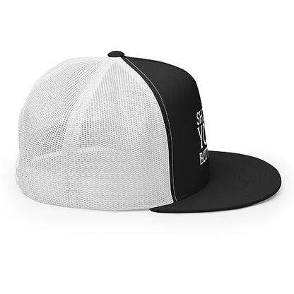 Show Me Your Butthole Premium Trucker Hat Flat Bill High Crown Adjustable Funny Cap - color: Black/ White
