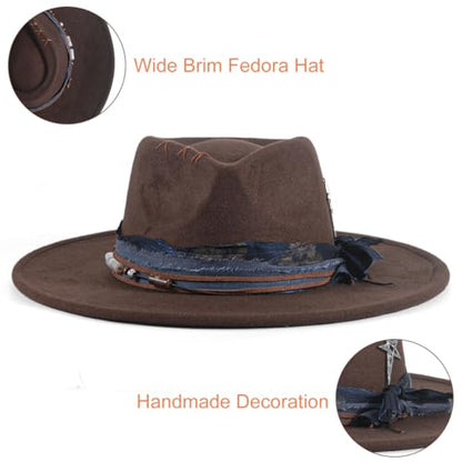 Big Brim Fedora Mens Women Boho Hat Handmade Dress Up Hats - color: Chocolate