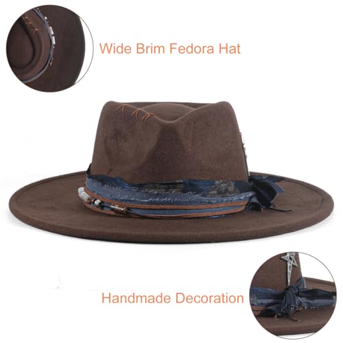 Big Brim Fedora Mens Women Boho Hat Handmade Dress Up Hats - color: Chocolate