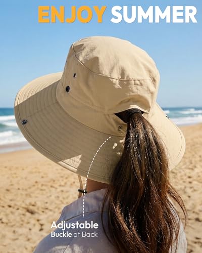 Women Sun Hat with Ponytail Hole Wide Brim Bucket Sun Protection for Summer - color: Khaki