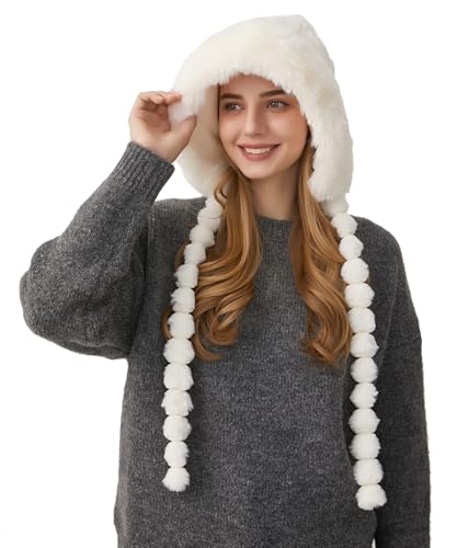 HUAMULAN Women Winter Sherpa Beanie Hats Knit Ear Flaps Fleece Lined - color: Cream White With Braids