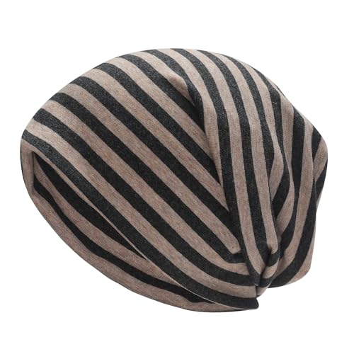 ZLYC Cotton Thin Slouchy Beanie Hat for Men Women Stretch Skull Cap - color: Striped Dark Gray Khaki, size: One Size