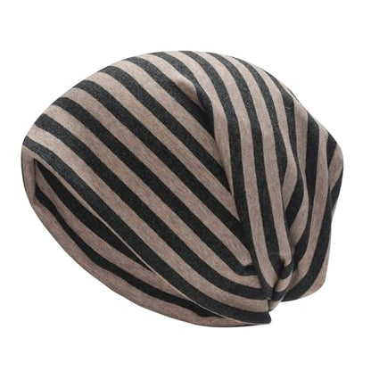 ZLYC Cotton Thin Slouchy Beanie Hat for Men Women Stretch Skull Cap - color: Striped Dark Gray Khaki, size: One Size