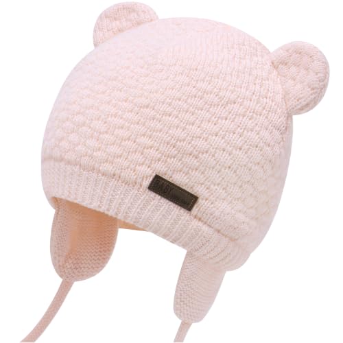 Duoyeree Baby Winter Hat, Bear Knit Earflaps Cotton Lined for Toddler Kids - color: Bear Pink, size: 6-12 Months