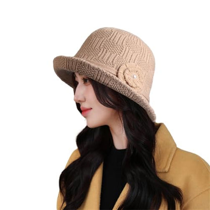 Crochet Bucket Hat for Women, Winter Flower Knitted Cap - color: Beige