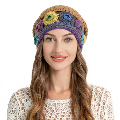 ZLYC Women Cotton Crochet Slouchy Beanie Hat Handmade Knit Summer Skull Cap - color: Colorful Flower Shiny Brown