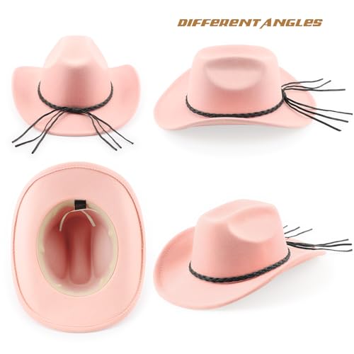 DRESHOW Western Cowboy Hat for Men Women Cowboy Cowgirl Hat Outdoor Wide Brim Retro Felt Fedora Hats Unisex Rolled up Caps - color: 1 Pack Style 9: Baby Pink With Braided Band