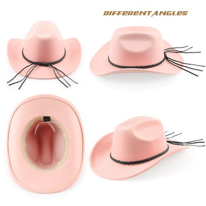 DRESHOW Western Cowboy Hat for Men Women Cowboy Cowgirl Hat Outdoor Wide Brim Retro Felt Fedora Hats Unisex Rolled up Caps - color: 1 Pack Style 9: Baby Pink With Braided Band