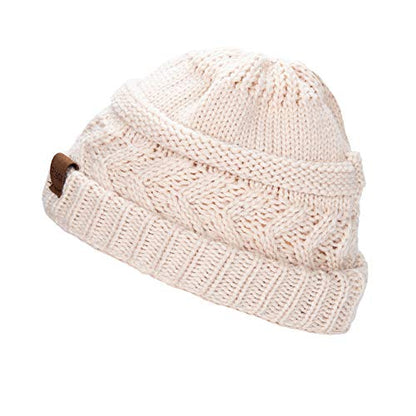 Rosoz 2 Pack Ponytail Beanie for Women,Winter Warm Beanie Tail Soft Stretch Cable Knit Messy High Bun Hat - color: 2pack-beige/Khaki