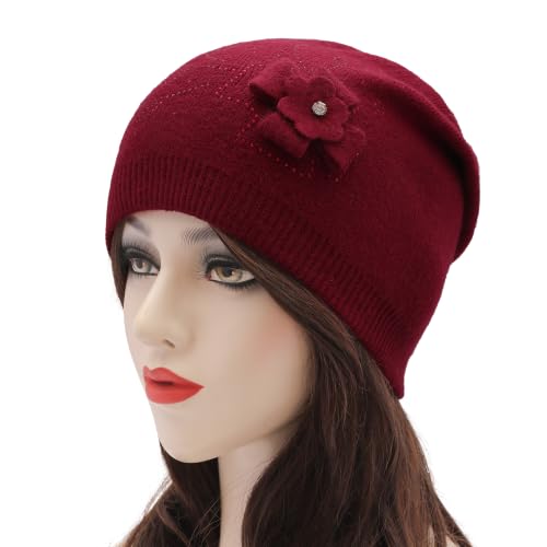 ZLYC Women Floral Slouchy Beanie Hat Double Layer Winter Knit Skull Cap - color: Floral Red