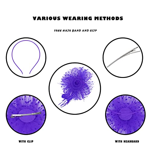 Century Star 2026 Kentucky Hat Derby Fascinator for Women Tea Party Flower Mesh Ribbons Feathers Headband Hair Clips - color: Deep Purple