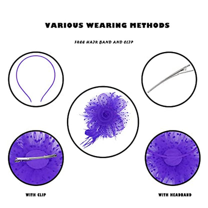 Century Star 2026 Kentucky Hat Derby Fascinator for Women Tea Party Flower Mesh Ribbons Feathers Headband Hair Clips - color: Deep Purple