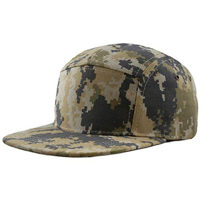 The Hat Depot Made in USA Cotton Twill 5 Panel Flat Brim Genuine Leather Brass Biker Board Cap - color: Camo4