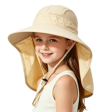 Ponytail Hole Kids Sun Hat with Neck Flap UV Protection Wide Brim Safari Hat for Boys Girls Breathable Mesh 6-12T - color: Beige