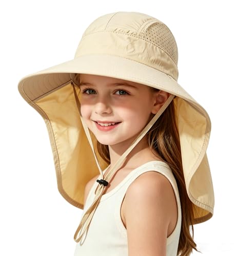 Ponytail Hole Kids Sun Hat with Neck Flap UV Protection Wide Brim Safari Hat for Boys Girls Breathable Mesh 6-12T - color: Beige