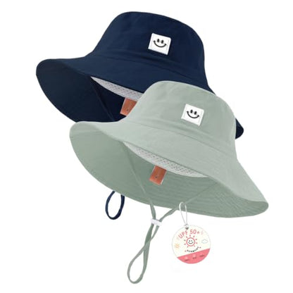 Kids Sun Hat Smile Face Bucket Hat Toddler Hat Wide Brim Adjustable Strap - color: Navy Blue+pea Green, size: 3-8T