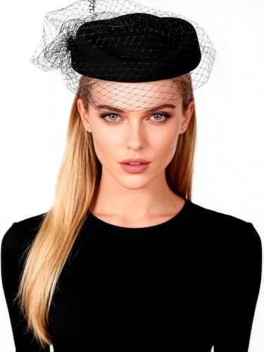Wool Felt Vintage Beret Wedding Top Hats for Women Elegant Church Fedoras with Veil Ladies Cap Autumn Winter - color: Black