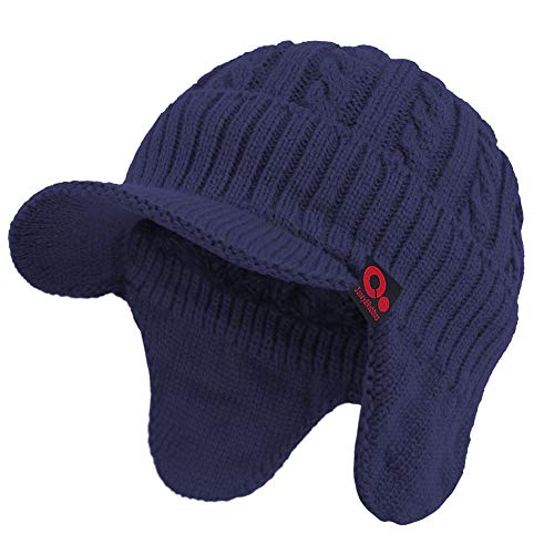 Women's Winter Cable Knitted Visor Beanie Fleece Lining Ear Flap Baseball Cap Hunting Trapper Hat with Billed - color: Blue,navy