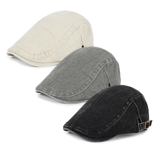3Pcs Men's Newsboy Caps Cotton Cooling Hat Adjustable Flat Cap for Men - color: Washed 2-black+khaki+darkgrey