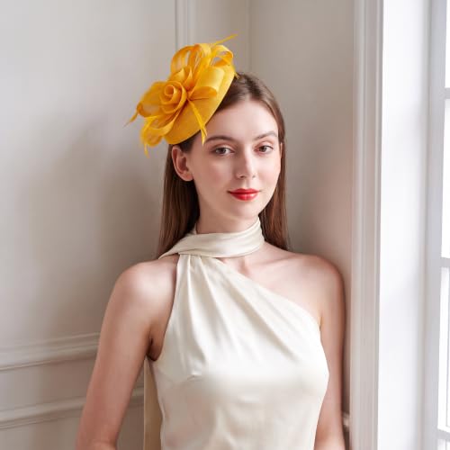 Flower Fascinator Hat Headband Clip for Women Tea Party - color: Yellow-02