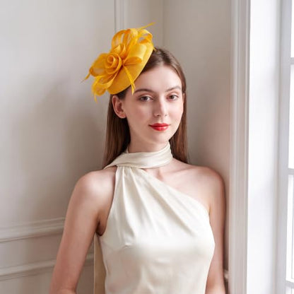Flower Fascinator Hat Headband Clip for Women Tea Party - color: Yellow-02