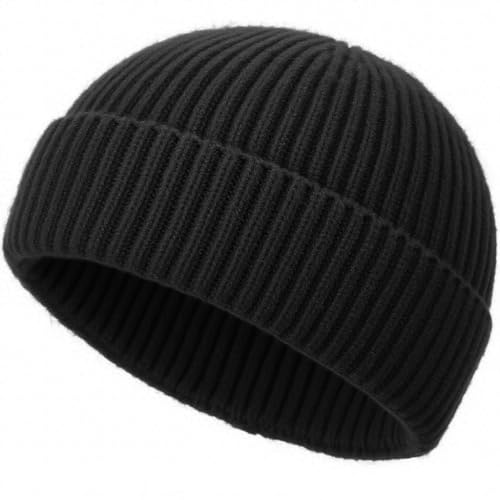 Wool Fisherman Beanies for Men Knit Fall Winter Beanie Hat Skull Cap - color: Black