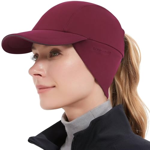 GADIEMKENSD Women's Winter Reflective Fleece Ponytail Hat with Drop Down Ear Warmer - color: Wine Red, size: 7-7 1/8