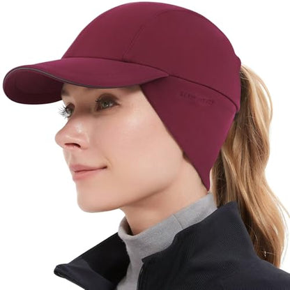 GADIEMKENSD Women's Winter Reflective Fleece Ponytail Hat with Drop Down Ear Warmer - color: Wine Red, size: 7-7 1/8