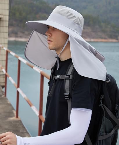 HUAMULAN Women Men Wide Brim Sun Hat Hiking Fishing Hats with Neck Flap - color: Light Gray With Mesh Panel
