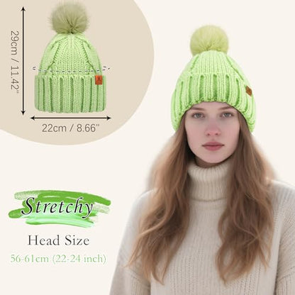 FZ FANTASTIC ZONE Womens Pom Pom Winter Warm Beanie Hat Cap Fleece Lined - color: Green