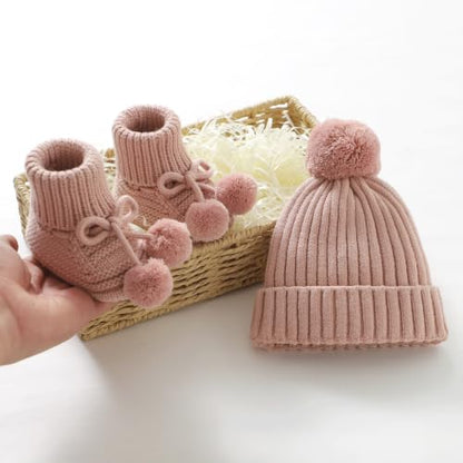 Baby Hats and Booties Set Newborn Knit Pompom Beanie Caps Shoes Winter - color: Pink