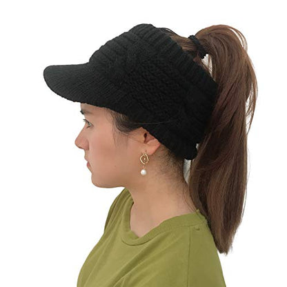 XYIYI Beanie Tail Winter Warm Knit Messy High Bun Ponytail Hats Visor Beanie Cap - color: Black