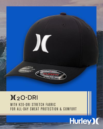 Hurley Mens Baseball Cap Curved Brim Moisture Wicking Flexfit Fitted Hats - color: Black/White, size: Large-X-Large