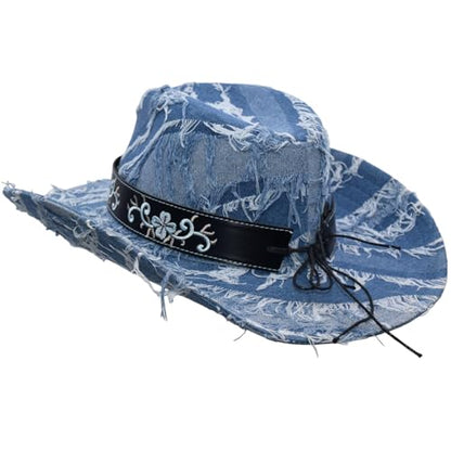 Western Cowboy Hat for Man Women Classic Cowgirl with Buckle Belt Shapeable Wide Brim Outback Hat - color: Blue