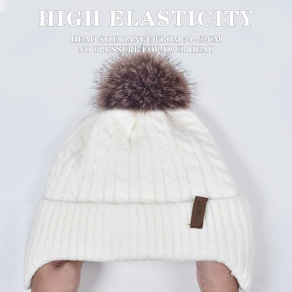 FENELY Women's Knitted Warm Beanie Winter Hat, Warm Chunky Snow Hat with Pompom - color: White