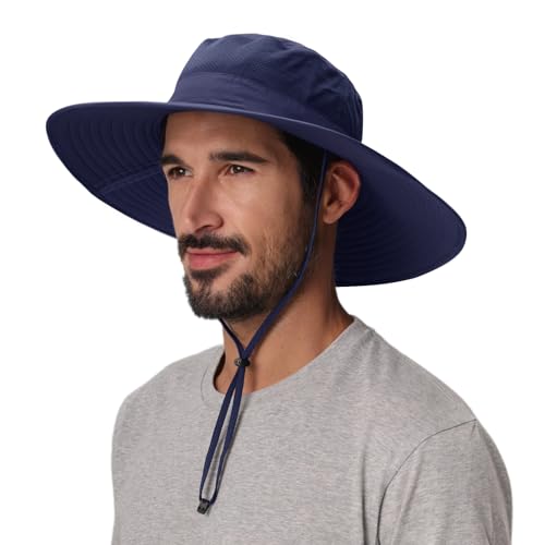 Home Prefer UPF50+ Mens Sun Hat Wide Brim Fishing Hat Foldable Large Brim UV Protection Sun Hat for Men Women Beach Gardening - color: Navy Blue