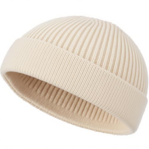 Wool Fisherman Beanie for Men Wome, Thin Knit Winter Hats Skull Cap - color: Beige
