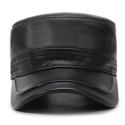 Men's Leather Military Style Hat Cadet Army Caps Flat Top Cap - color: Black