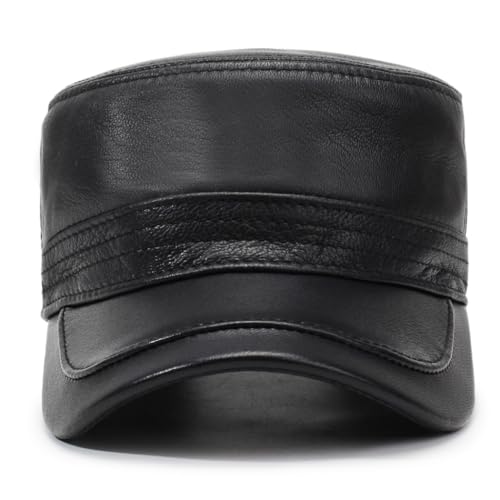 Men's Leather Military Style Hat Cadet Army Caps Flat Top Cap - color: Black
