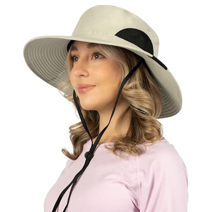 SUN CUBE Wide Brim Sun Hat for Men & Women, UPF 50+ UV Protection, Mesh Boonie Hat with Chin Strap, Fishing Hiking Hat - color: Beige