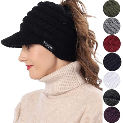 Women's BeanieTail Warm Knit Hat Messy High Bun Ponytail Visor Beanie Cap - color: B324-black, size: Medium