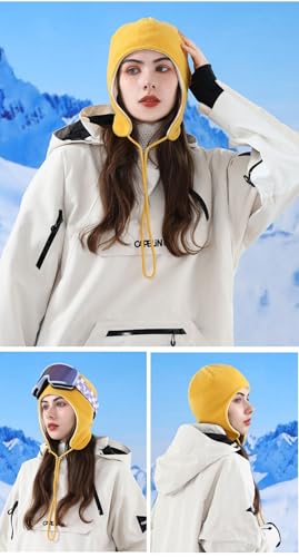 Mens Womens Warm Fleece Beanie Soft Winter Hat with Ear Flaps Windproof Ski Snow Cycling Skull Cap Helmet Liner - color: Yellow